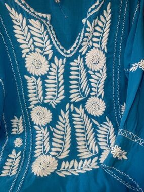 Teal Embroidered Boho Tunic with White Floral Stitching